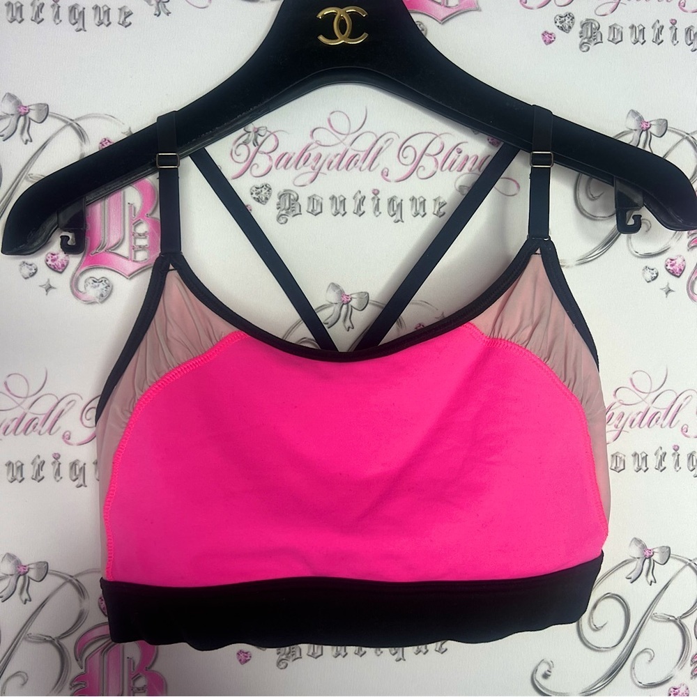 Victoria’s Secret sports bra neon pink with Rutching racer back strapping logo